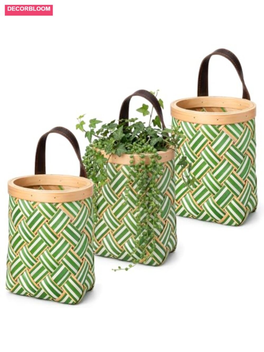 Set of 3 Woven Wood Wall Hanging Baskets with Leather Handles, Boho Storage &